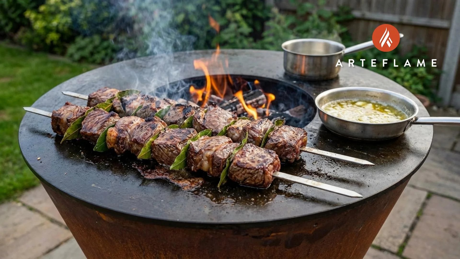 Chunks of beef skewered on aromatic bay laurel branches being grilled over glowing charcoal, with the volcanic landscape of Madeira visible in the background